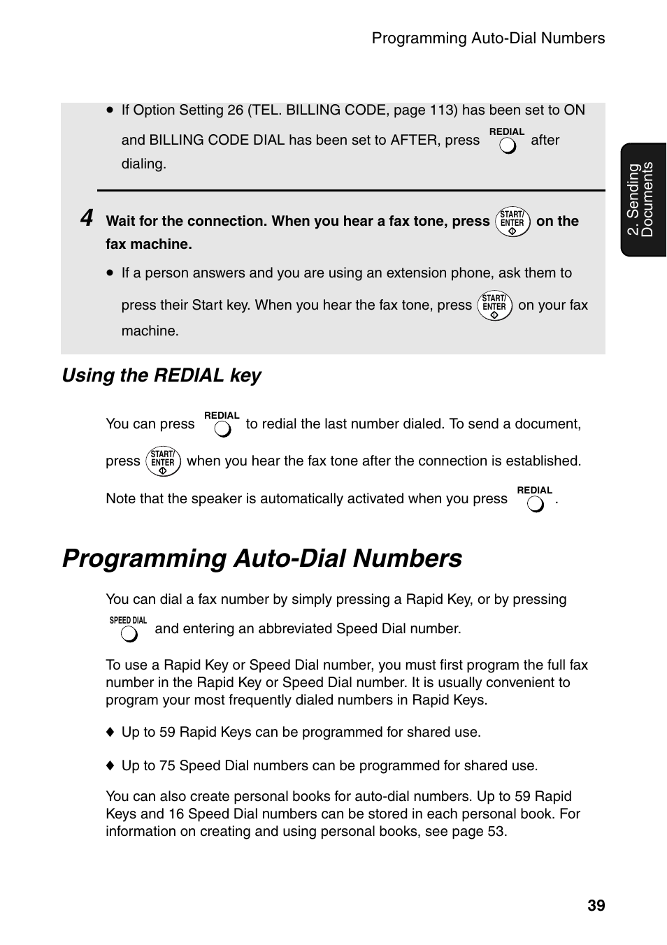 Programming auto-dial numbers, Using the redial key | Sharp FO-4470 User Manual | Page 41 / 148