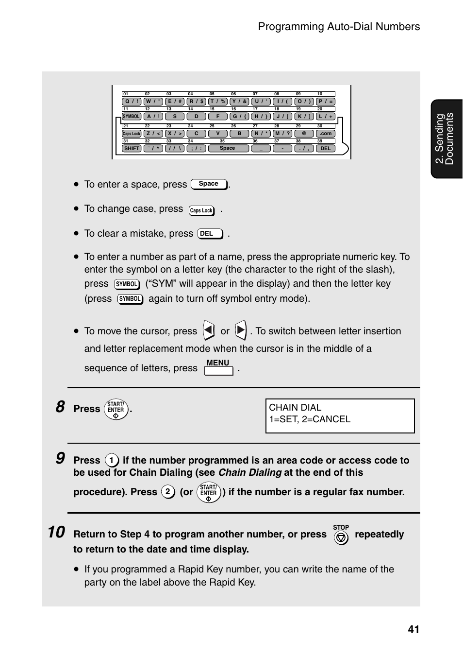 Programming auto-dial numbers 41, Sending documents, Press | Chain dial 1=set, 2=cancel | Sharp FO-4470 User Manual | Page 43 / 148