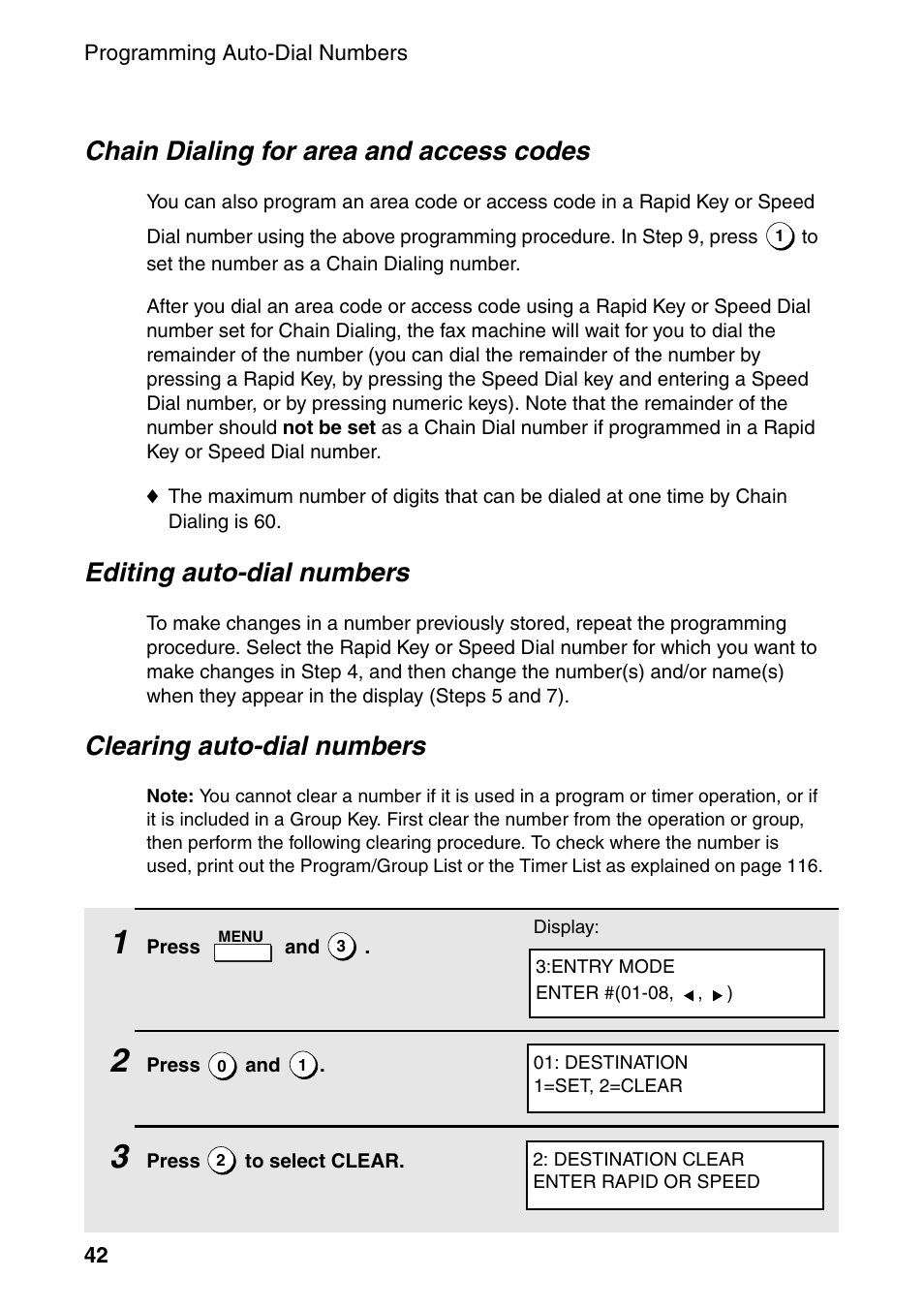 Chain dialing for area and access codes, Editing auto-dial numbers, Clearing auto-dial numbers | Sharp FO-4470 User Manual | Page 44 / 148