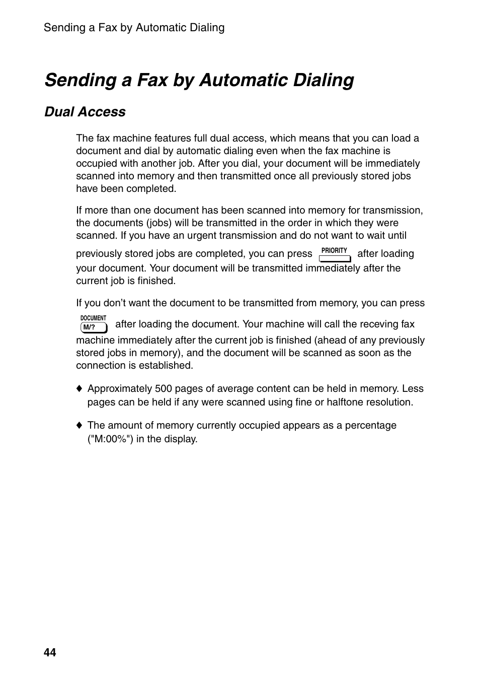 Sending a fax by automatic dialing, Dual access | Sharp FO-4470 User Manual | Page 46 / 148