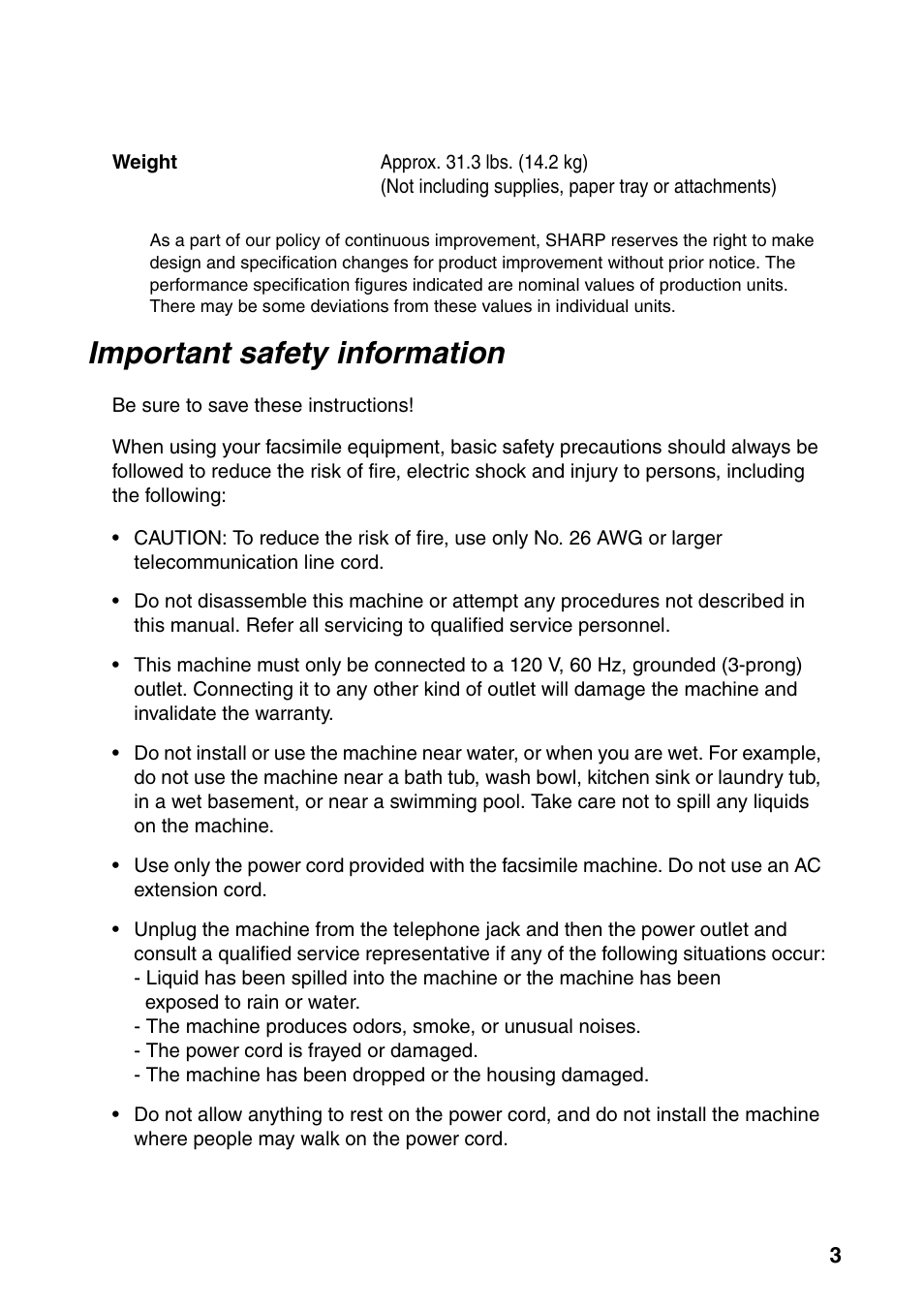 Important safety information | Sharp FO-4470 User Manual | Page 5 / 148