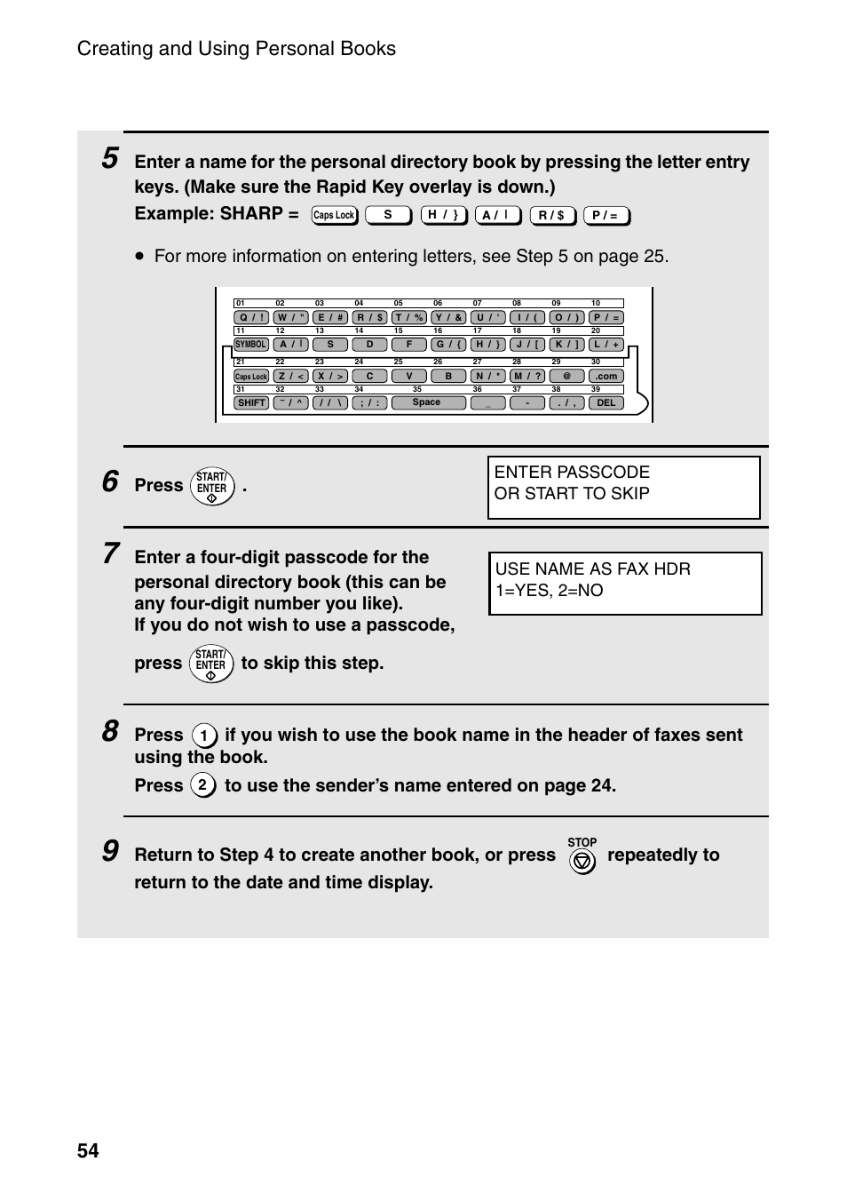 Creating and using personal books 54, Press | Sharp FO-4470 User Manual | Page 56 / 148