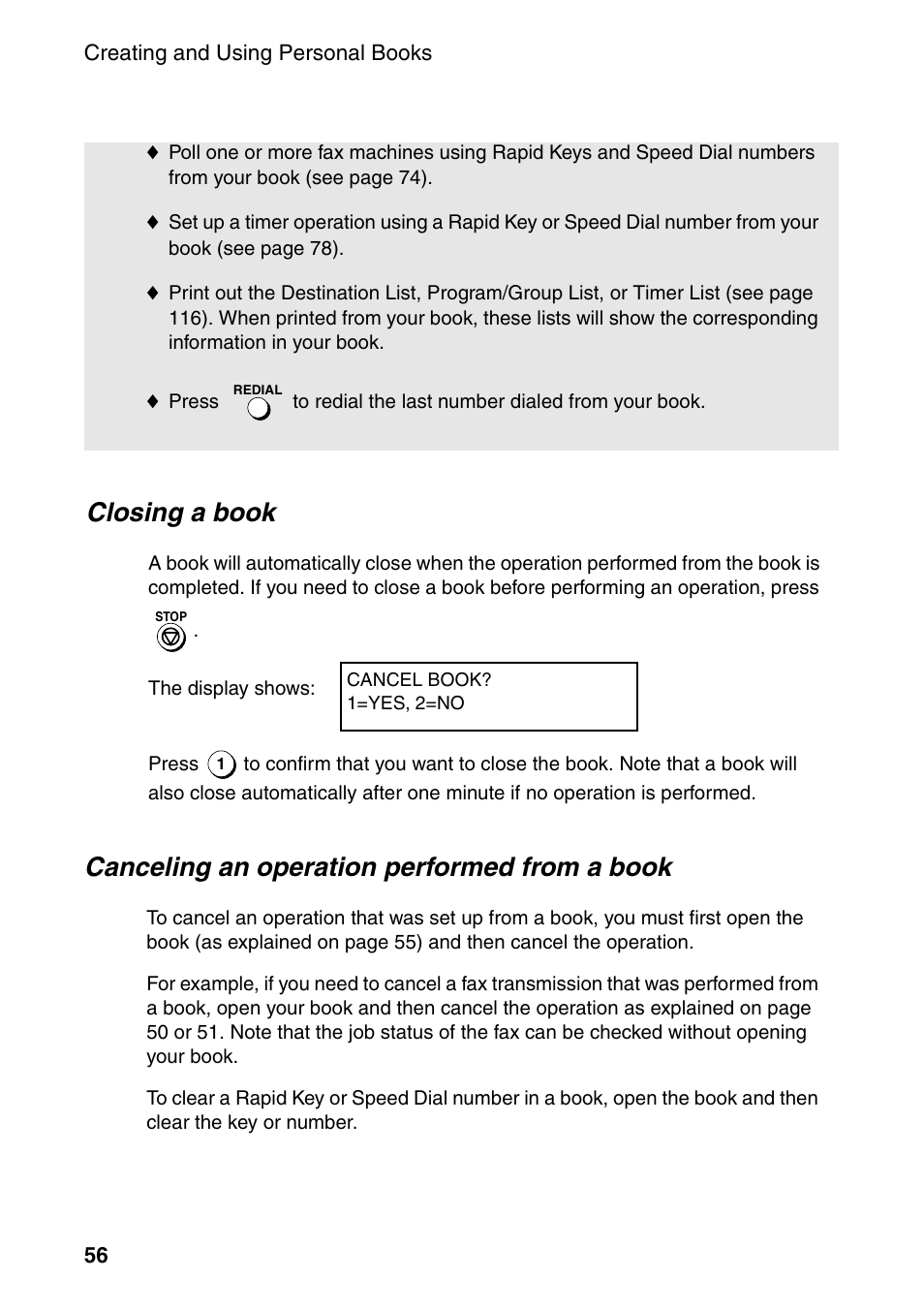 Closing a book, Canceling an operation performed from a book | Sharp FO-4470 User Manual | Page 58 / 148