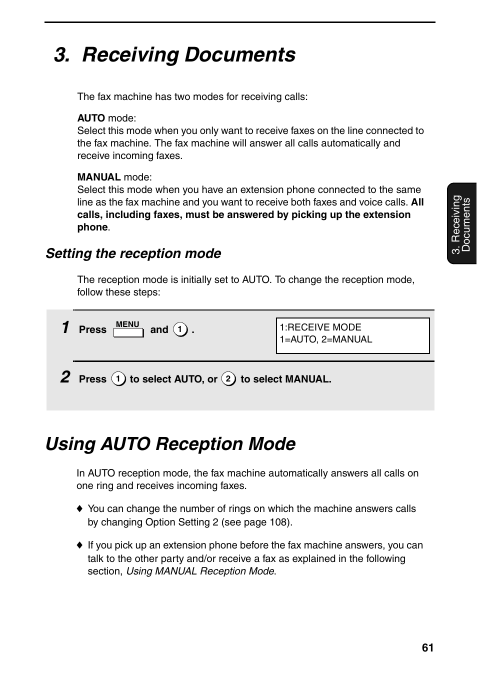 Receiving documents, Using auto reception mode, Setting the reception mode | Sharp FO-4470 User Manual | Page 63 / 148