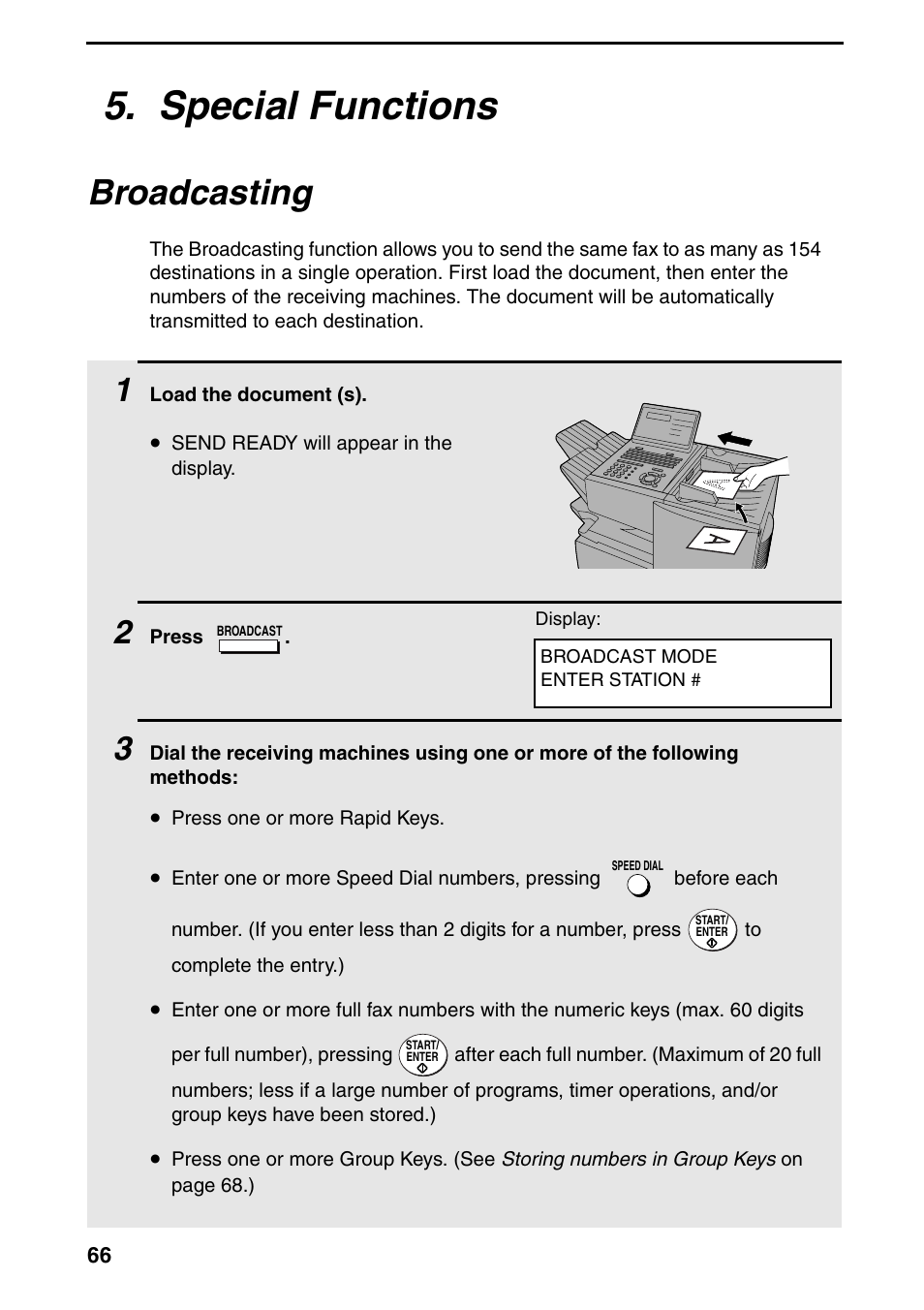 Special functions, Broadcasting, E 66) | Sharp FO-4470 User Manual | Page 68 / 148