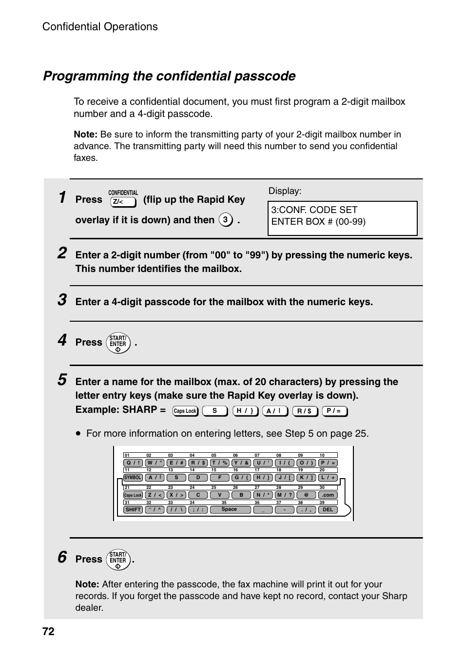 Programming the confidential passcode, Confidential operations 72, Press | Conf. code set enter box # (00-99) display | Sharp FO-4470 User Manual | Page 74 / 148