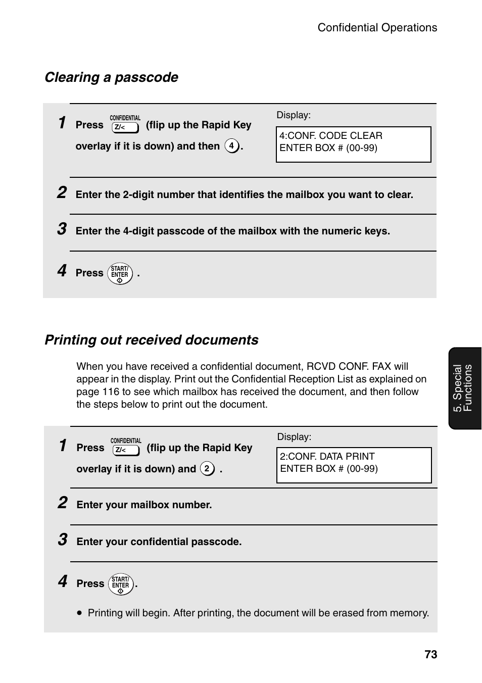 Clearing a passcode, Printing out received documents | Sharp FO-4470 User Manual | Page 75 / 148