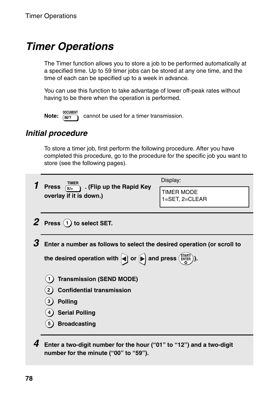 Timer operations, Ge 78, Initial procedure | Sharp FO-4470 User Manual | Page 80 / 148