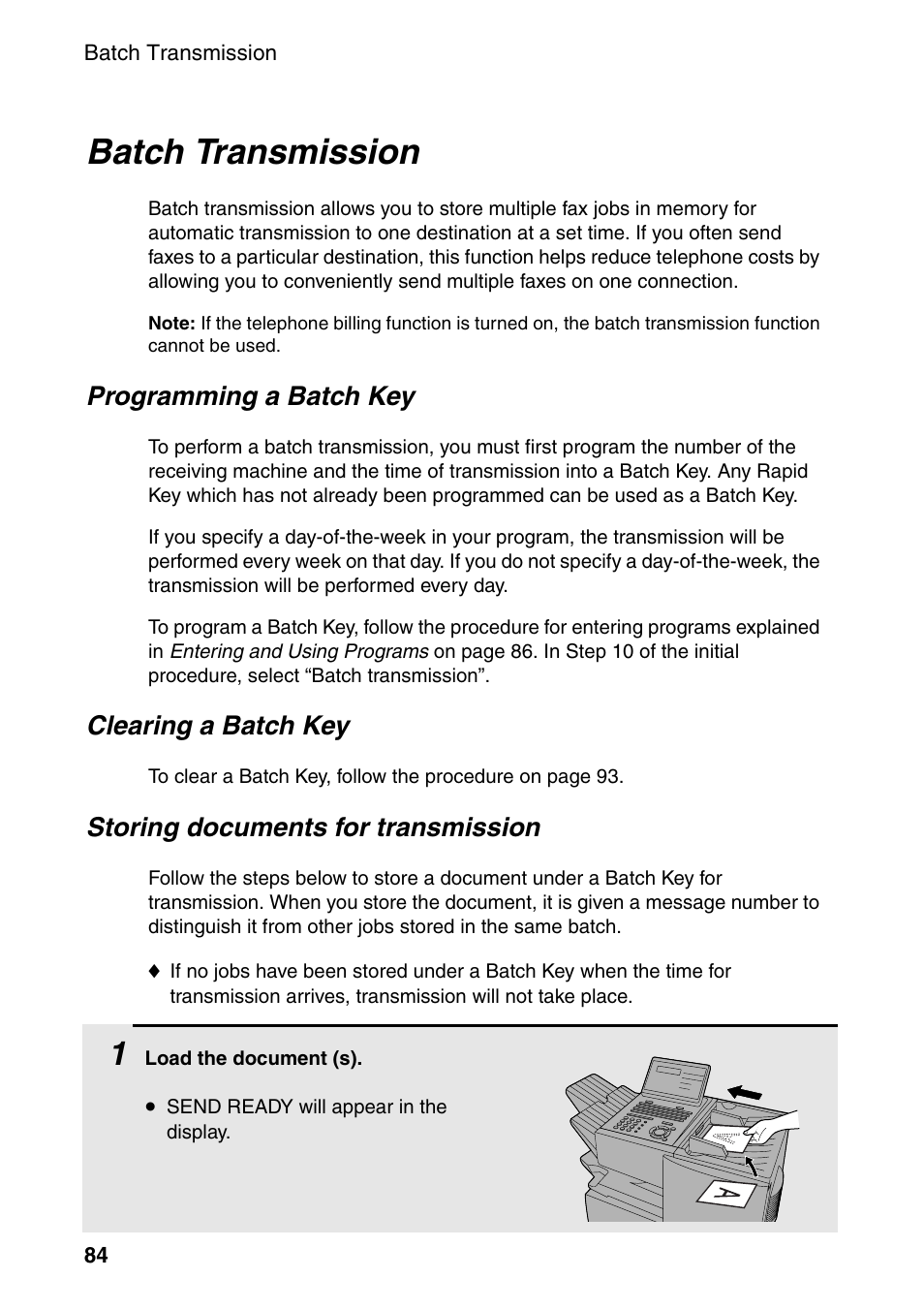 Batch transmission, Programming a batch key, Clearing a batch key | Storing documents for transmission | Sharp FO-4470 User Manual | Page 86 / 148