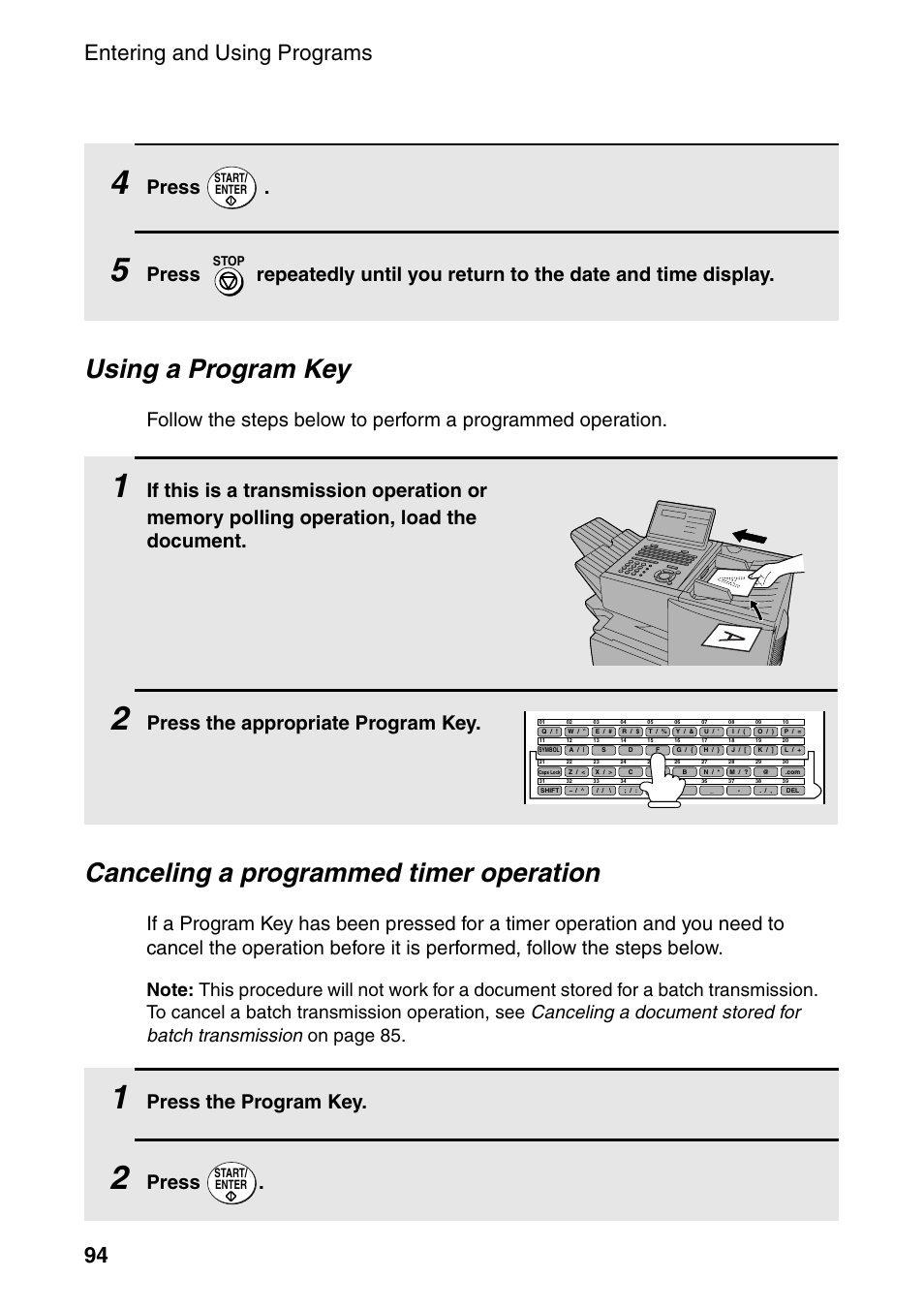 Using a program key, Canceling a programmed timer operation, Entering and using programs 94 | Press, Press the appropriate program key, Press the program key | Sharp FO-4470 User Manual | Page 96 / 148