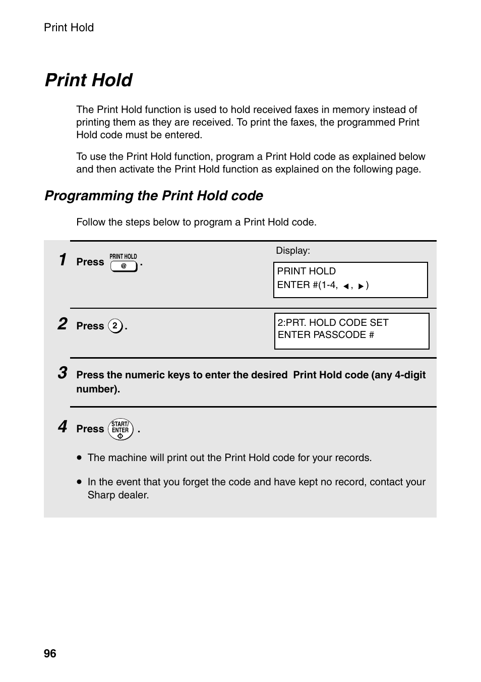 Print hold, Programming the print hold code | Sharp FO-4470 User Manual | Page 98 / 148