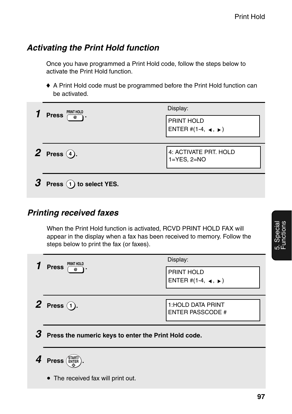 Activating the print hold function, Printing received faxes | Sharp FO-4470 User Manual | Page 99 / 148
