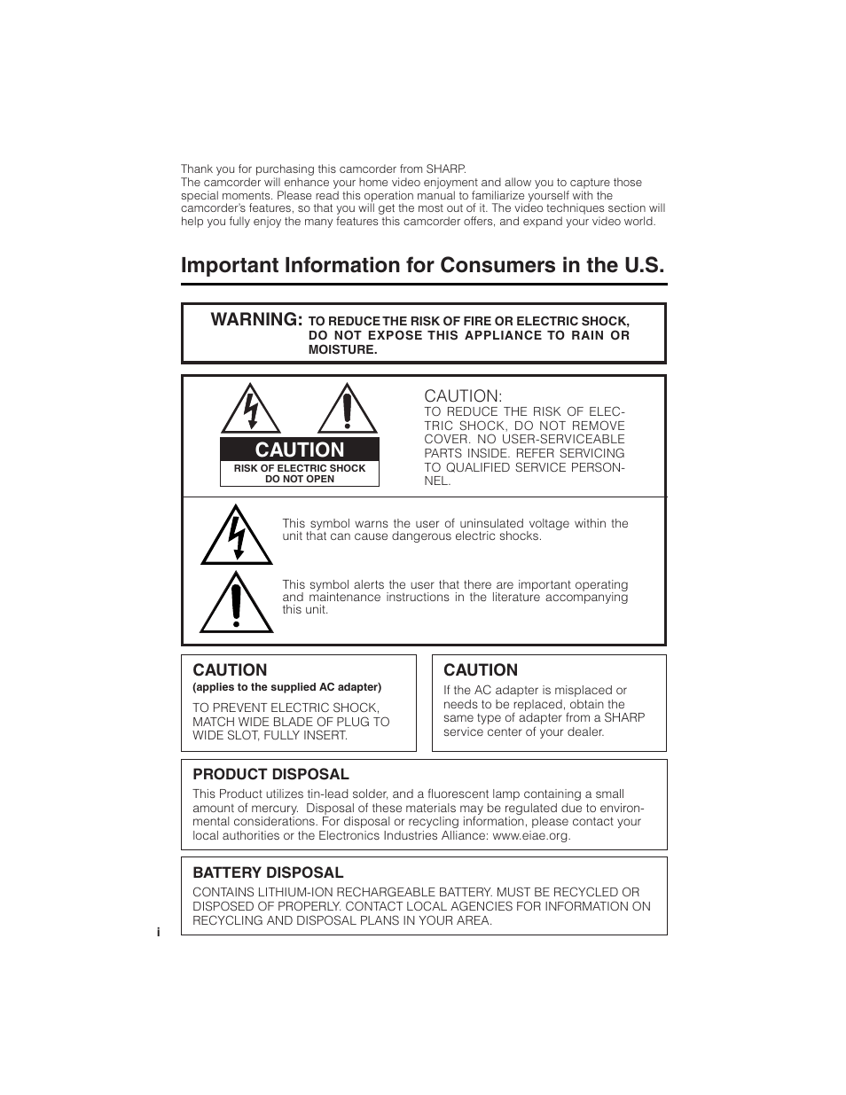 Important information for consumers in the u.s, Caution, Warning | Sharp VL-NZ150U User Manual | Page 2 / 112