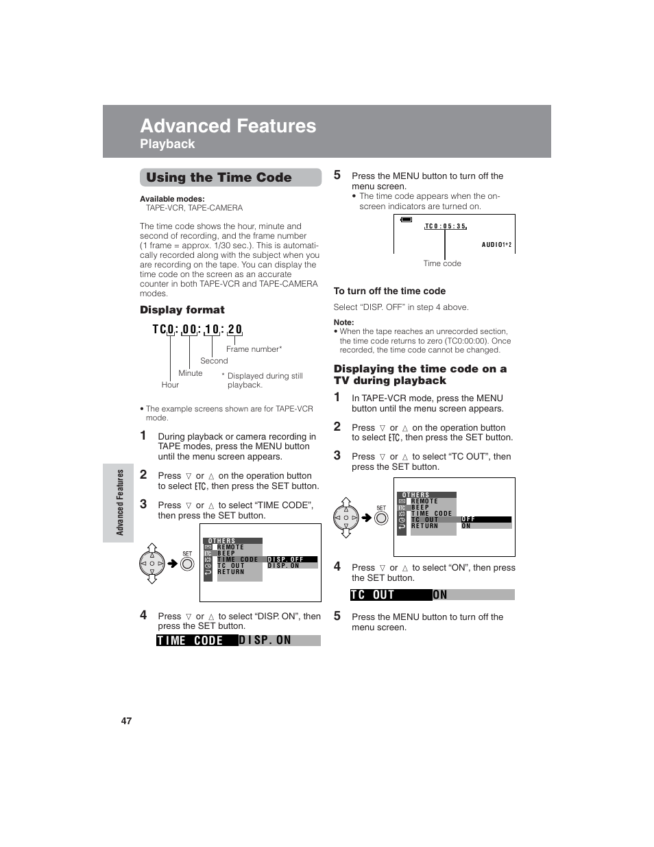 Advanced features, Using the time code, Playback 5 | Sharp VL-NZ150U User Manual | Page 62 / 112