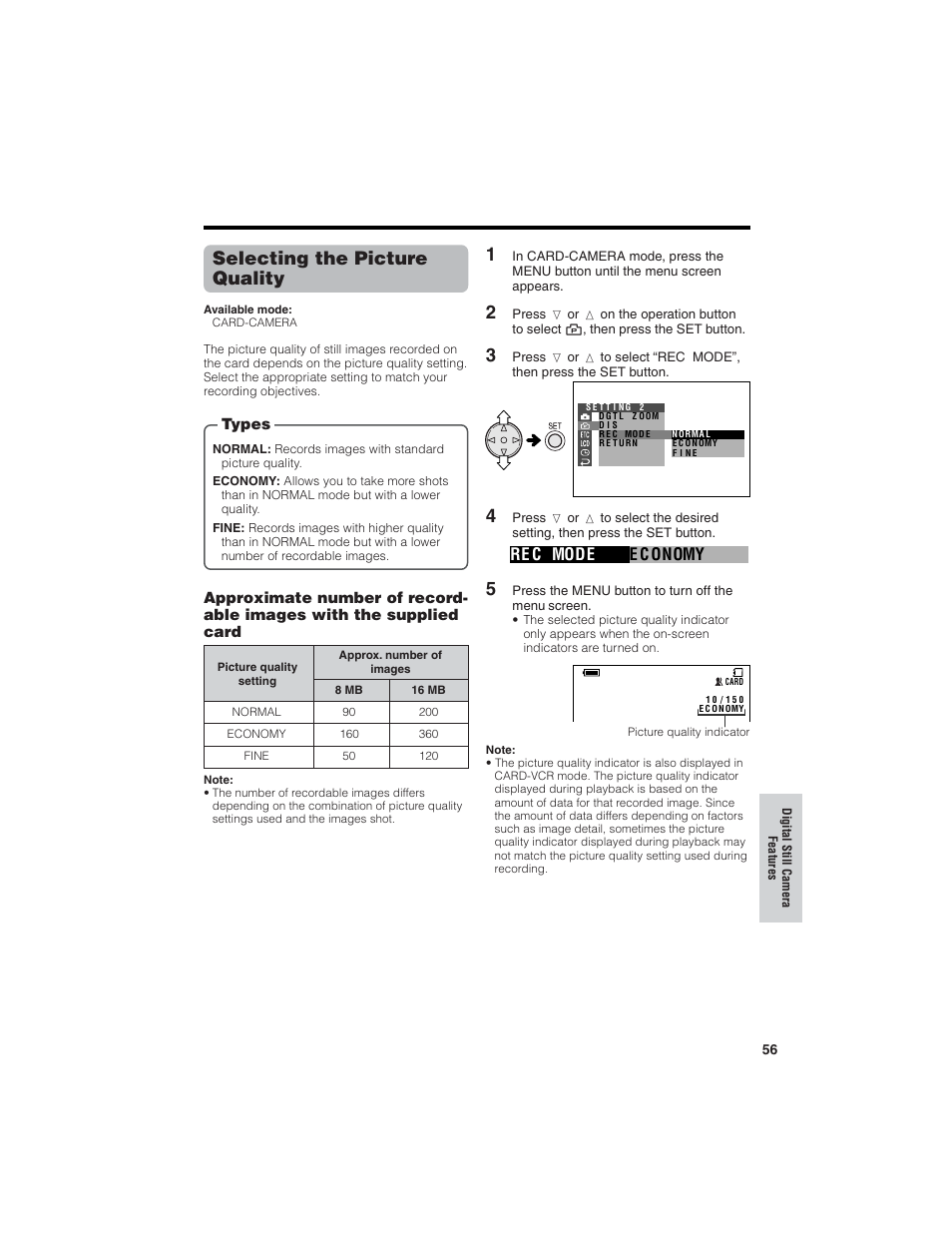 Selecting the picture quality, Re c mode e c onomy | Sharp VL-NZ150U User Manual | Page 71 / 112