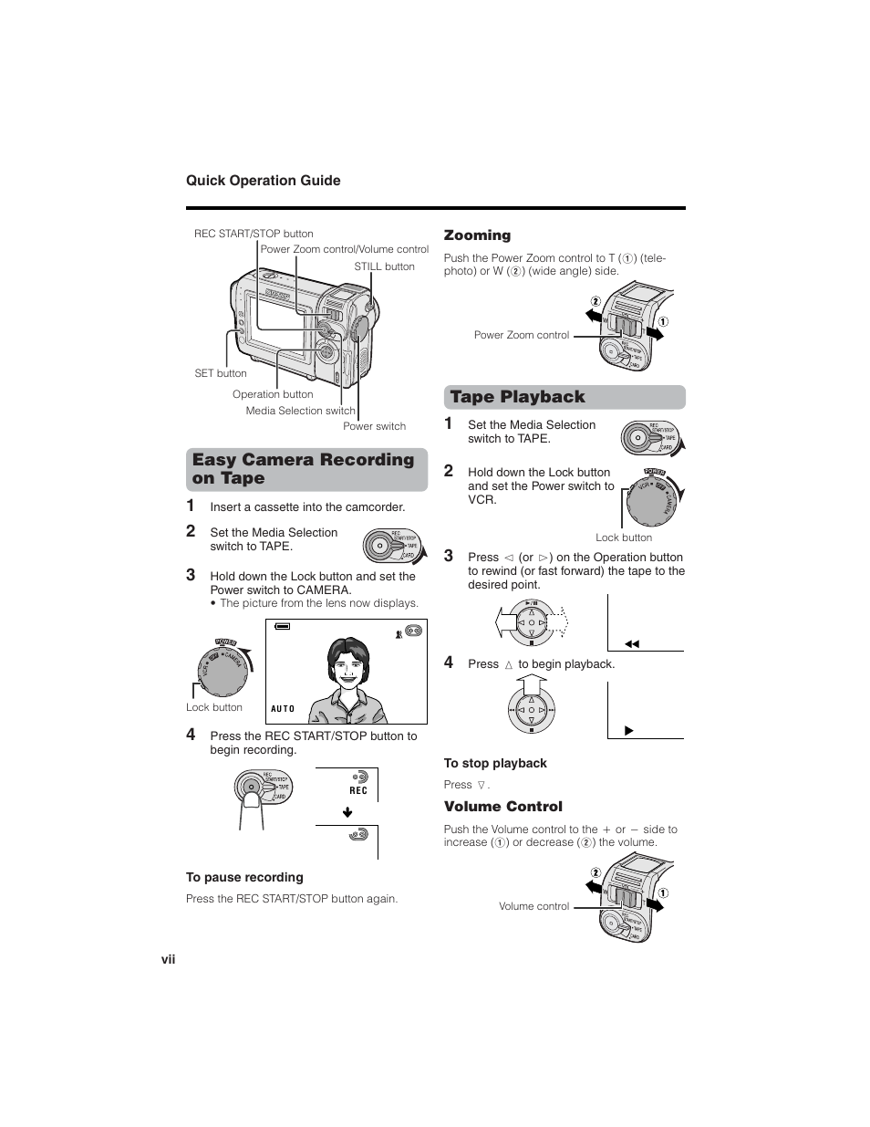 Easy camera recording on tape 1, Tape playback 1 | Sharp VL-NZ150U User Manual | Page 8 / 112