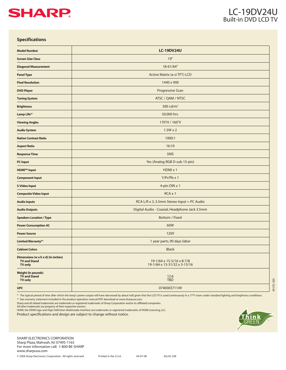 Lc-19dv24u, Built-in dvd lcd tv, Specifications | Sharp Aquos LC 19DV24U User Manual | Page 2 / 2