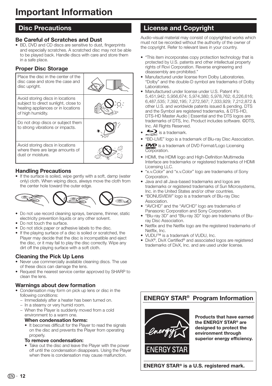 Important information, Disc precautions, License and copyright | Energy star, Program information | Sharp AQUOS BD-HP80U User Manual | Page 14 / 71