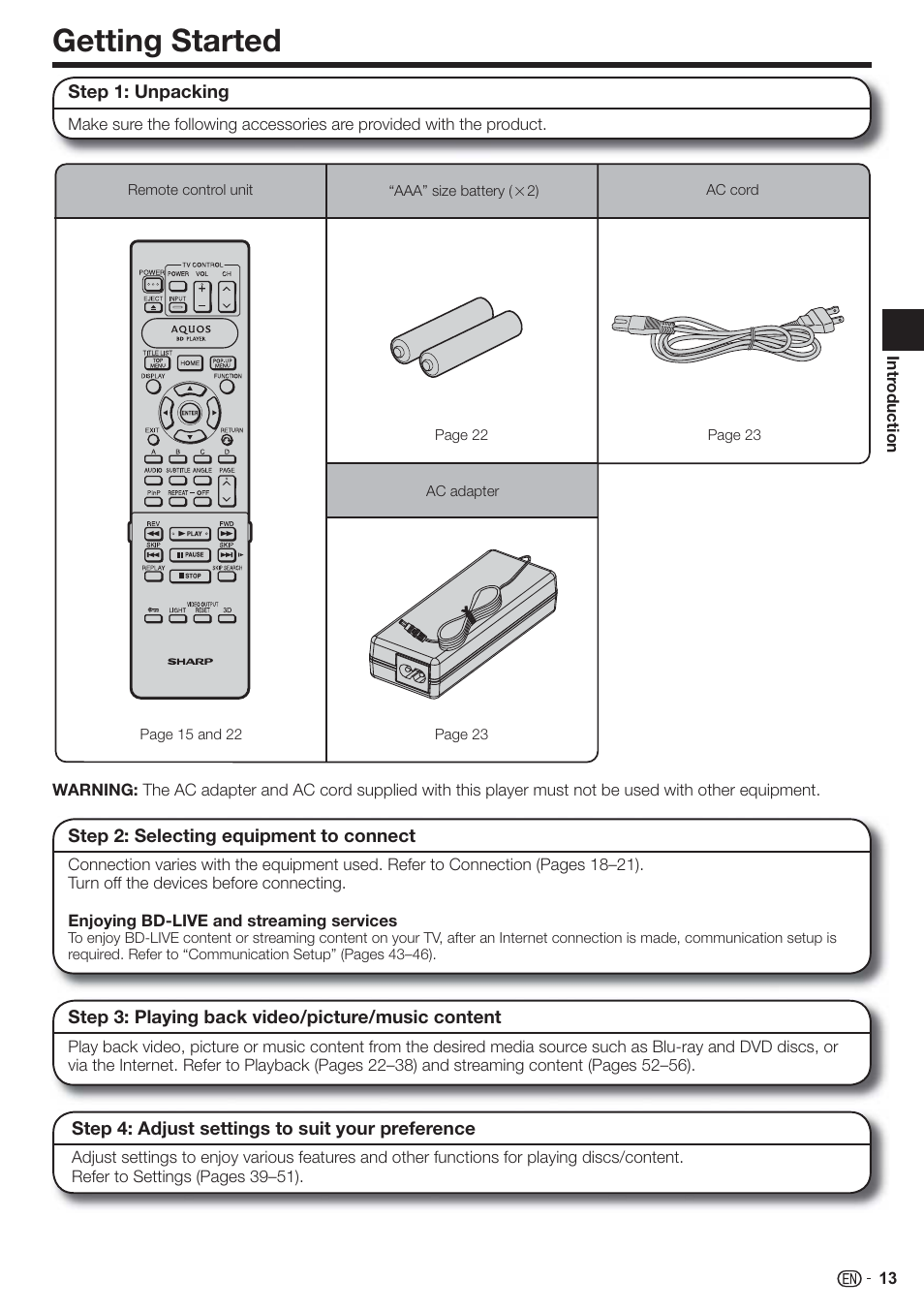 Getting started | Sharp AQUOS BD-HP80U User Manual | Page 15 / 71