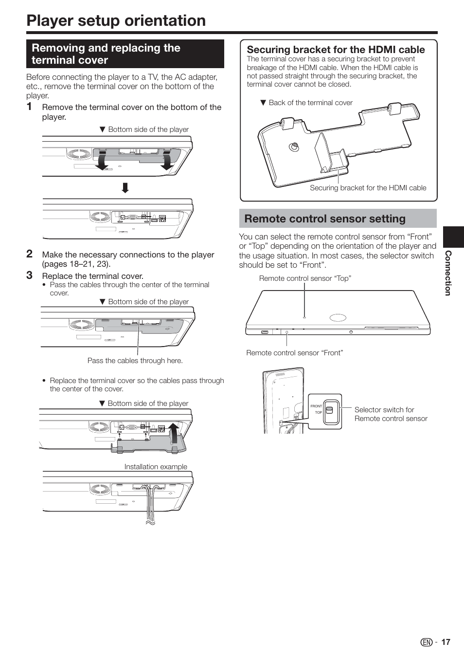 Player setup orientation, Removing and replacing the terminal cover, Remote control sensor setting | Securing bracket for the hdmi cable | Sharp AQUOS BD-HP80U User Manual | Page 19 / 71