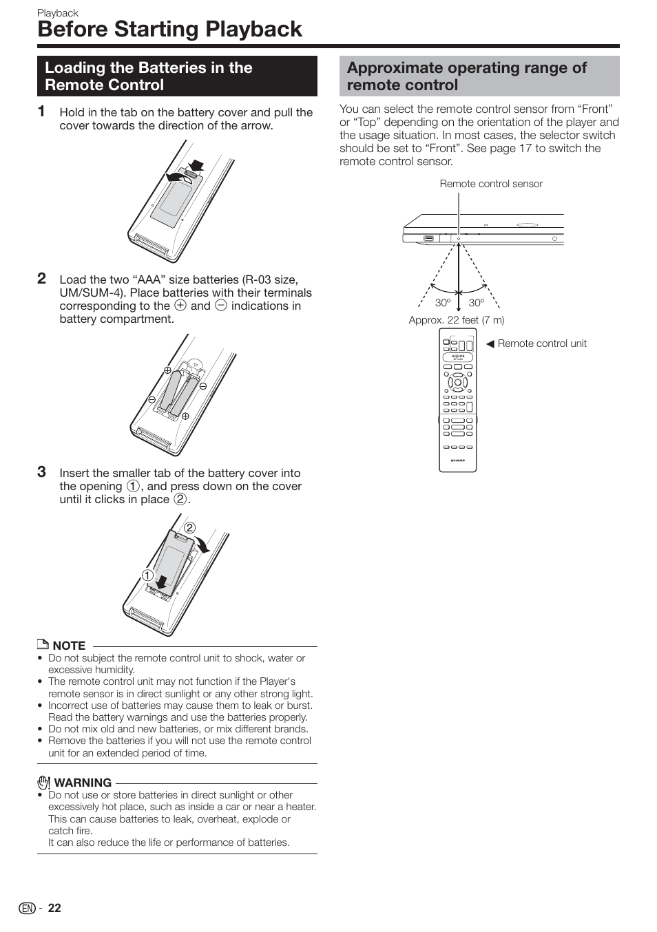 Before starting playback, Loading the batteries in the remote control, 12 3 approximate operating range of remote control | Sharp AQUOS BD-HP80U User Manual | Page 24 / 71