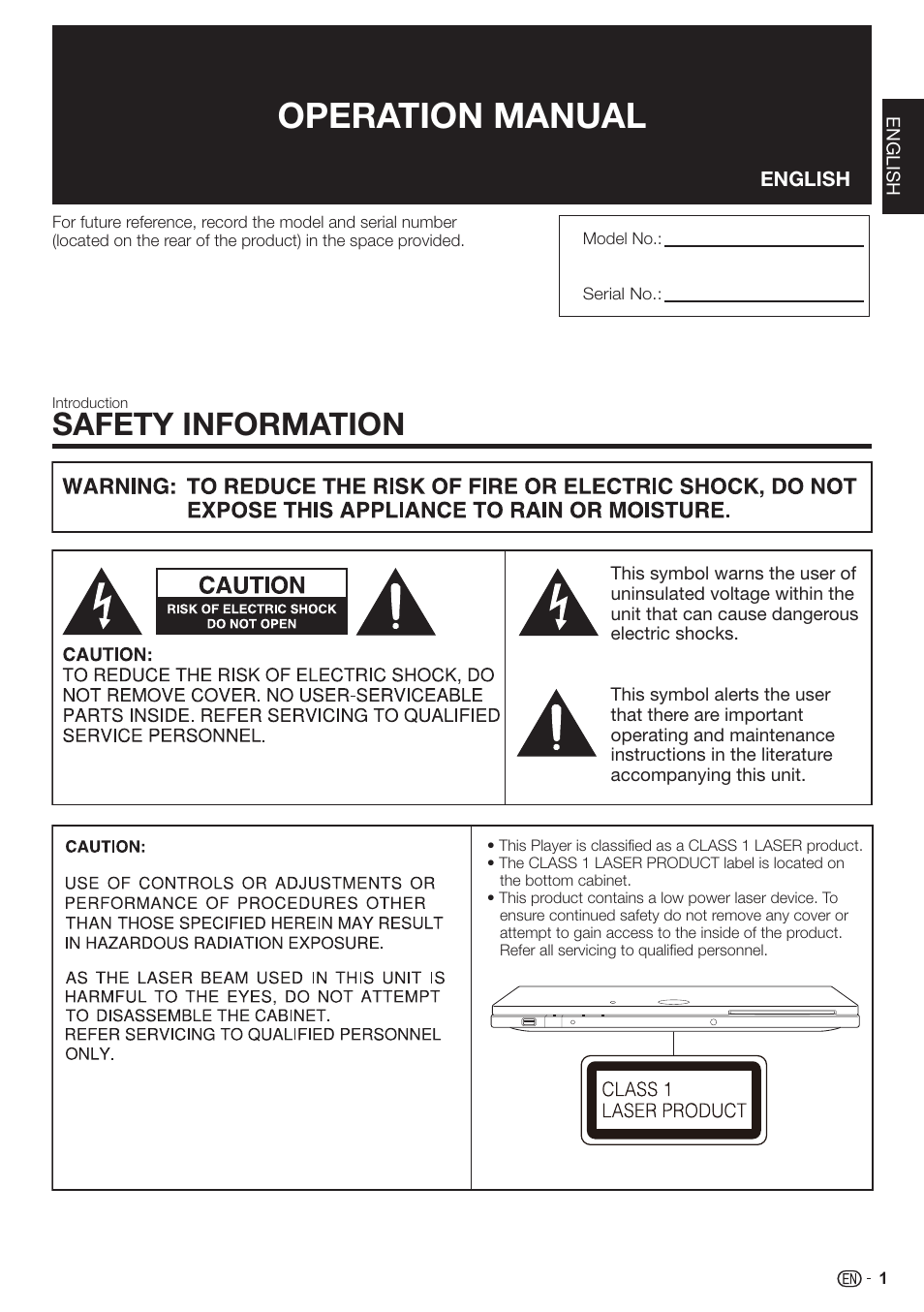 Operation manual, Safety information | Sharp AQUOS BD-HP80U User Manual | Page 3 / 71