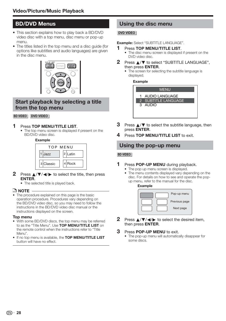 Bd/dvd menus, Using the disc menu, Using the pop-up menu | Video/picture/music playback | Sharp AQUOS BD-HP80U User Manual | Page 30 / 71