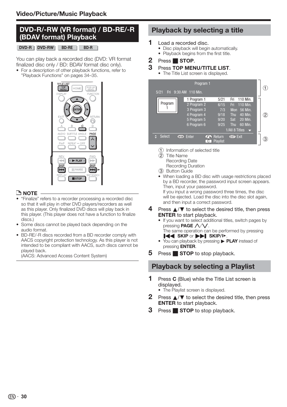 Playback by selecting a title, Playback by selecting a playlist, Video/picture/music playback | Sharp AQUOS BD-HP80U User Manual | Page 32 / 71