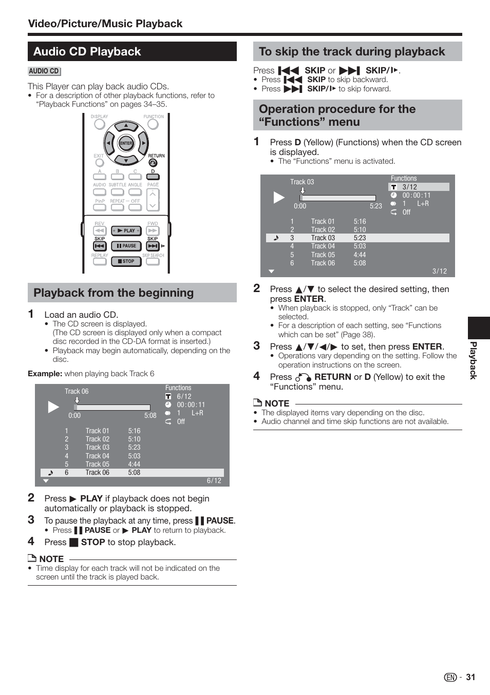 Audio cd playback, Playback from the beginning, 4to skip the track during playback | Operation procedure for the “functions” menu, Video/picture/music playback | Sharp AQUOS BD-HP80U User Manual | Page 33 / 71