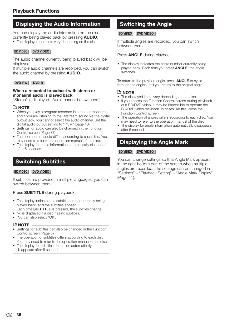 Displaying the audio information, Switching subtitles, Switching the angle | Displaying the angle mark, Playback functions | Sharp AQUOS BD-HP80U User Manual | Page 38 / 71