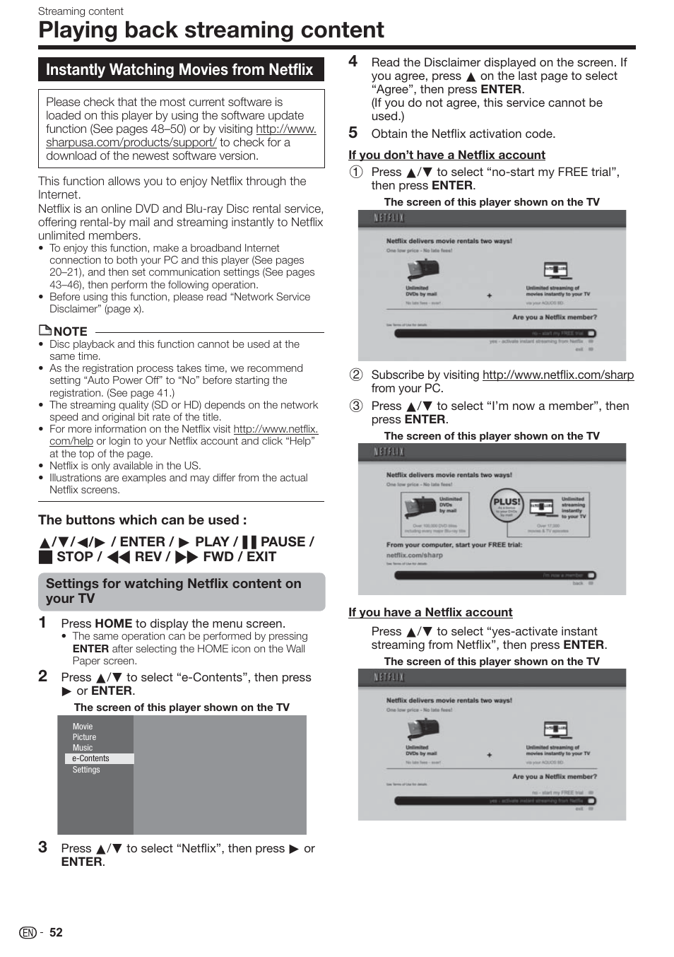 Playing back streaming content, Instantly watching movies from netflix | Sharp AQUOS BD-HP80U User Manual | Page 54 / 71
