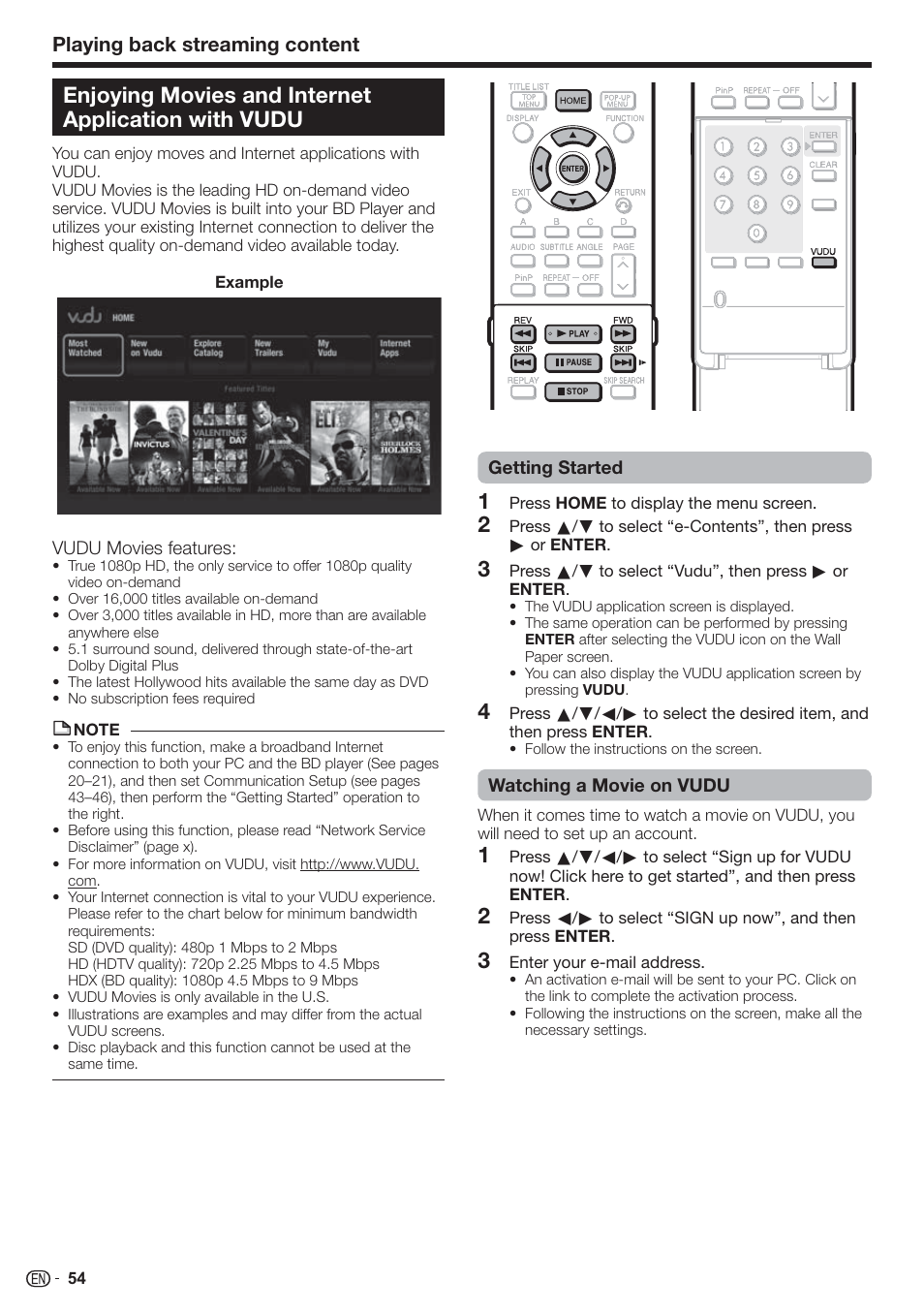 Enjoying movies and internet application with vudu, Playing back streaming content | Sharp AQUOS BD-HP80U User Manual | Page 56 / 71