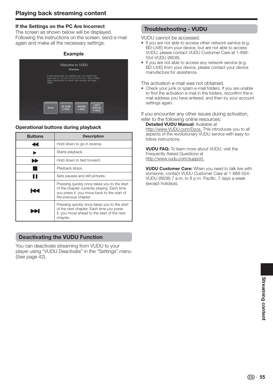 Playing back streaming content, Troubleshooting - vudu, Deactivating the vudu function | Sharp AQUOS BD-HP80U User Manual | Page 57 / 71