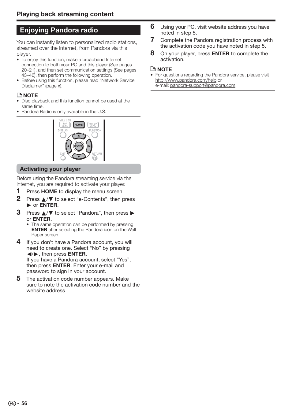 Enjoying pandora radio | Sharp AQUOS BD-HP80U User Manual | Page 58 / 71