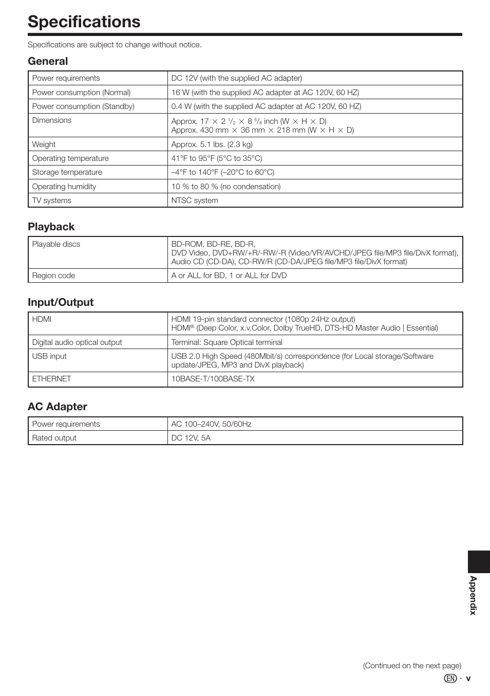 Specifications, General, Playback | Input/output, Ac adapter | Sharp AQUOS BD-HP80U User Manual | Page 63 / 71