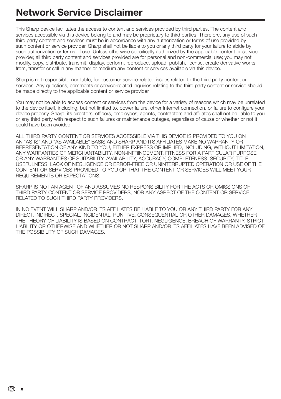 Network service disclaimer | Sharp AQUOS BD-HP80U User Manual | Page 68 / 71