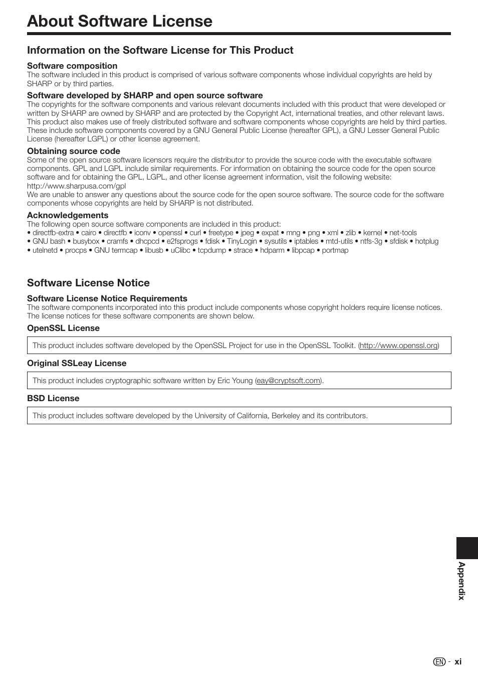 About software license, Software license notice | Sharp AQUOS BD-HP80U User Manual | Page 69 / 71