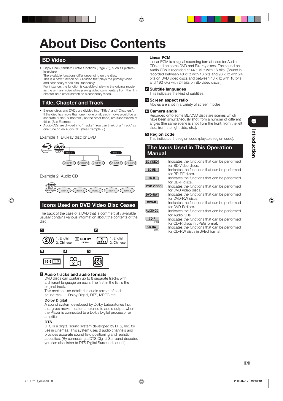 About disc contents, Icons used on dvd video disc cases, The icons used in this operation manual | Bd video, Title, chapter and track, Intr oduction | Sharp BD-HP21U User Manual | Page 11 / 51