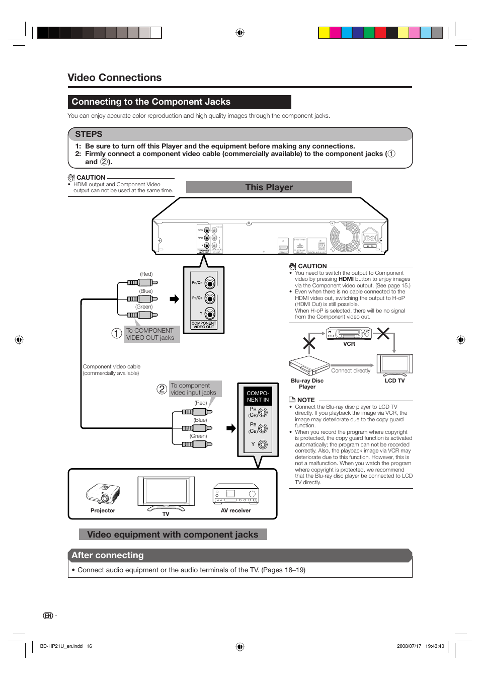 Video connections, Connecting to the component jacks, This player | Steps | Sharp BD-HP21U User Manual | Page 18 / 51