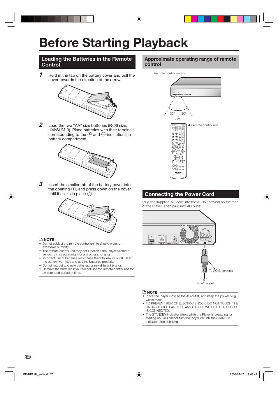 Before starting playback, Loading the batteries in the remote control, Connecting the power cord | Sharp BD-HP21U User Manual | Page 22 / 51