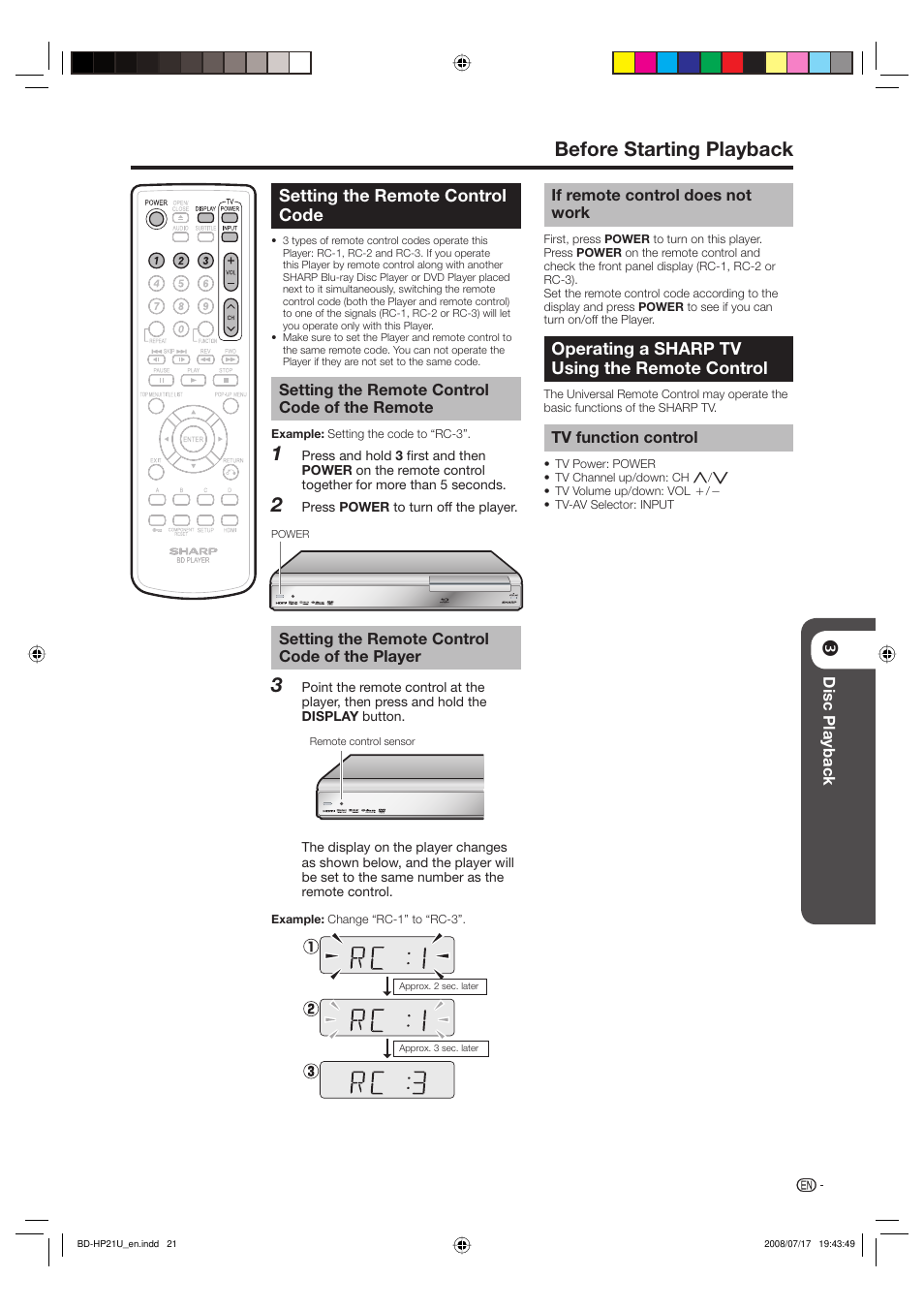 12 3 before starting playback, Operating a sharp tv using the remote control, Setting the remote control code | Sharp BD-HP21U User Manual | Page 23 / 51