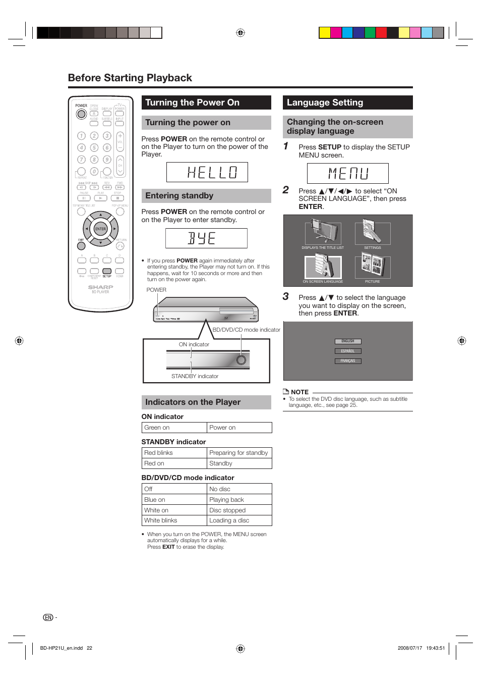 12 3 before starting playback, Turning the power on, Language setting | Entering standby, Indicators on the player, Changing the on-screen display language | Sharp BD-HP21U User Manual | Page 24 / 51