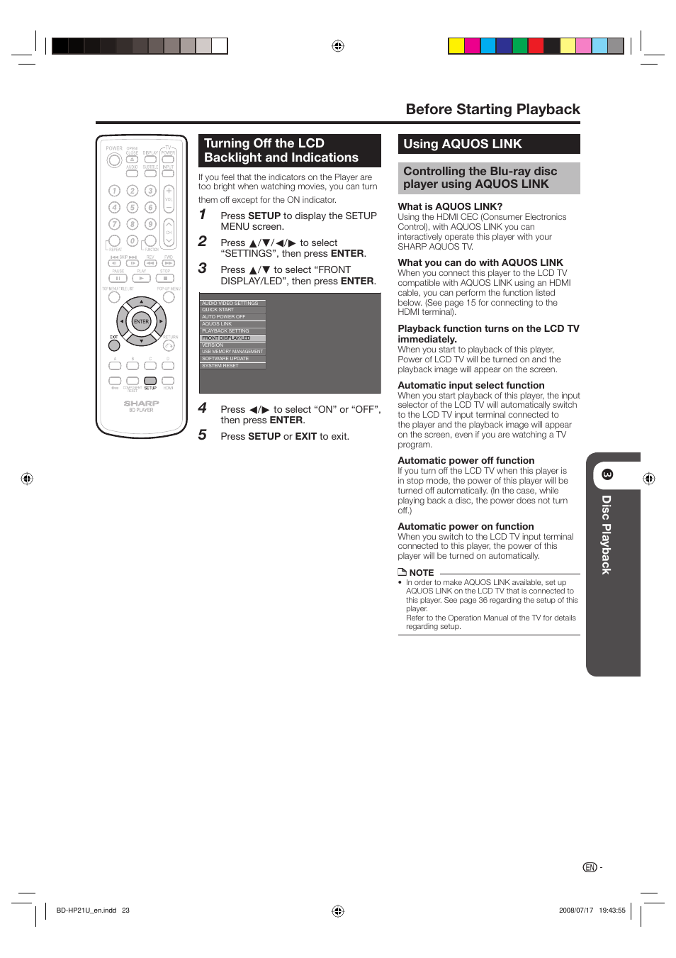 Before starting playback, Turning off the lcd backlight and indications, Using aquos link | Disc playback | Sharp BD-HP21U User Manual | Page 25 / 51