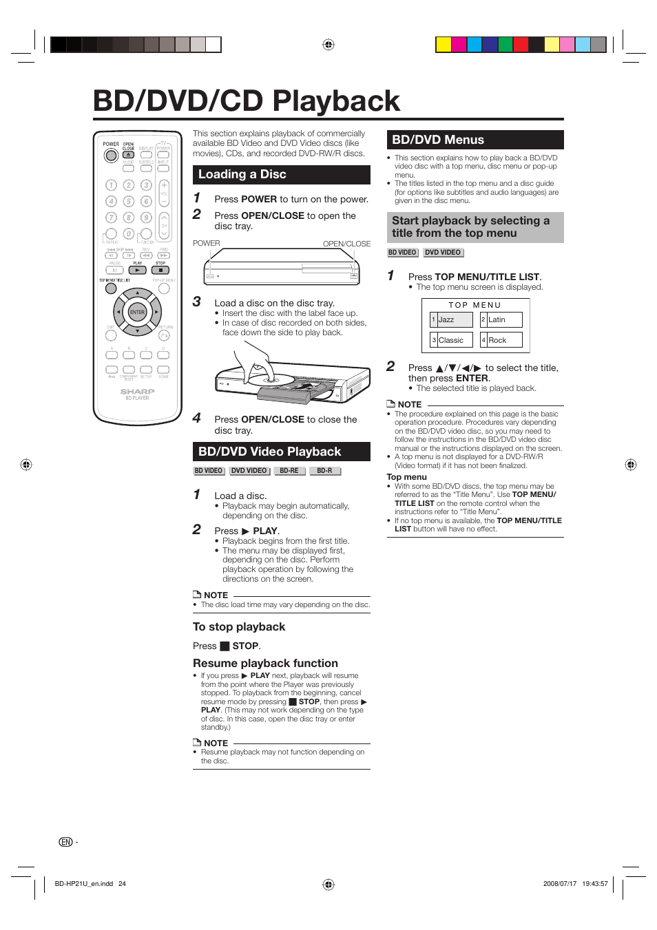 Bd/dvd/cd playback, Loading a disc, Bd/dvd video playback | Bd/dvd menus | Sharp BD-HP21U User Manual | Page 26 / 51