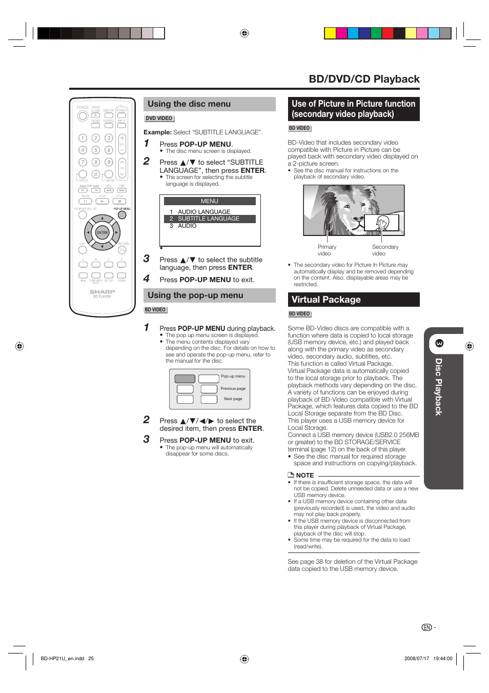 Bd/dvd/cd playback, Virtual package | Sharp BD-HP21U User Manual | Page 27 / 51