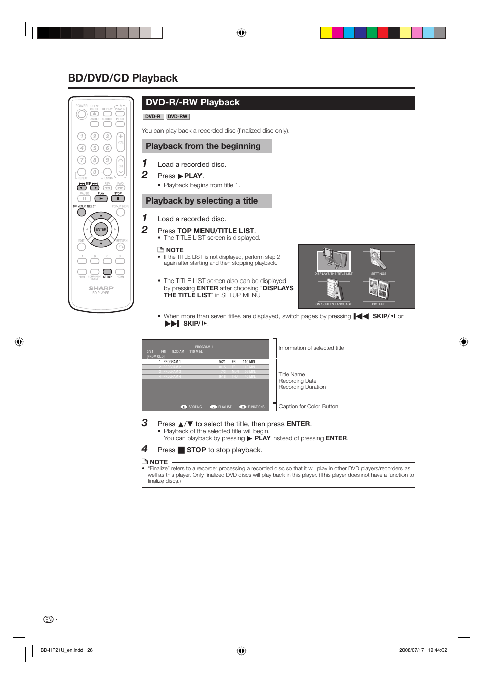 4bd/dvd/cd playback, Dvd-r/-rw playback, Playback from the beginning | Playback by selecting a title | Sharp BD-HP21U User Manual | Page 28 / 51