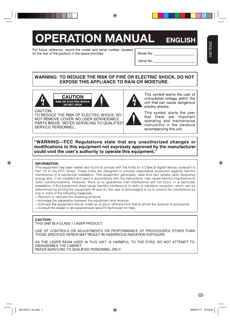 Operation manual, English | Sharp BD-HP21U User Manual | Page 3 / 51