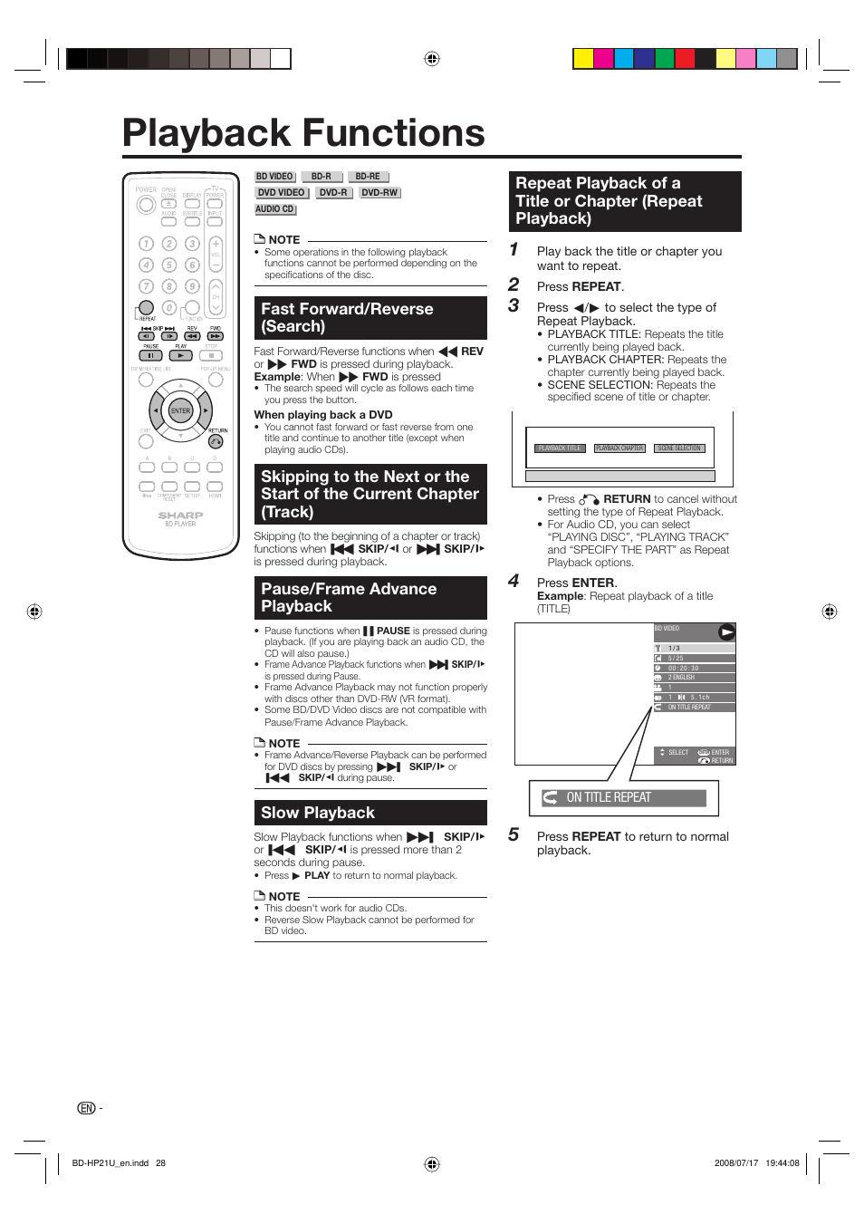 Playback functions, Fast forward/reverse (search), Pause/frame advance playback | Slow playback | Sharp BD-HP21U User Manual | Page 30 / 51