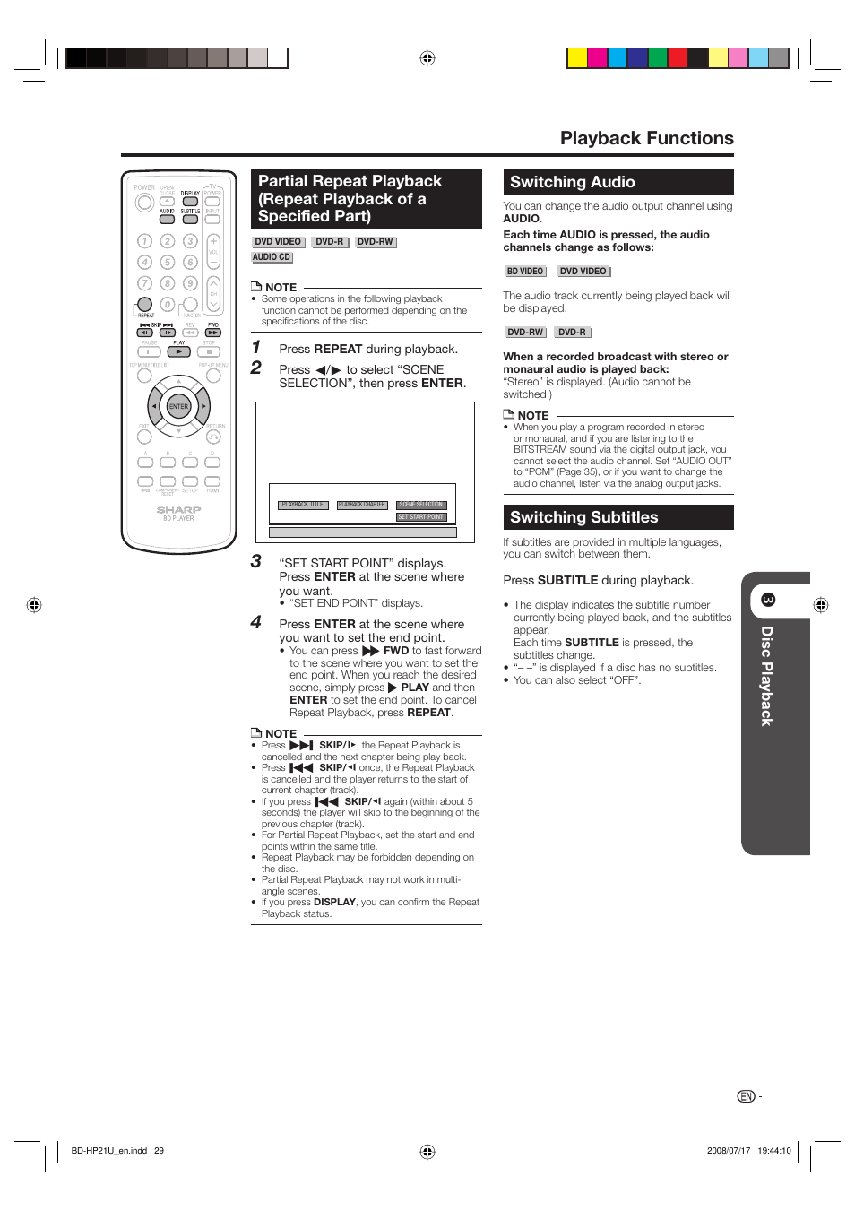 Playback functions, Switching audio, Switching subtitles | Disc playback | Sharp BD-HP21U User Manual | Page 31 / 51