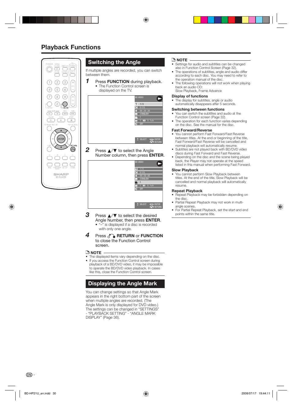 Playback functions, Switching the angle, Displaying the angle mark | Sharp BD-HP21U User Manual | Page 32 / 51